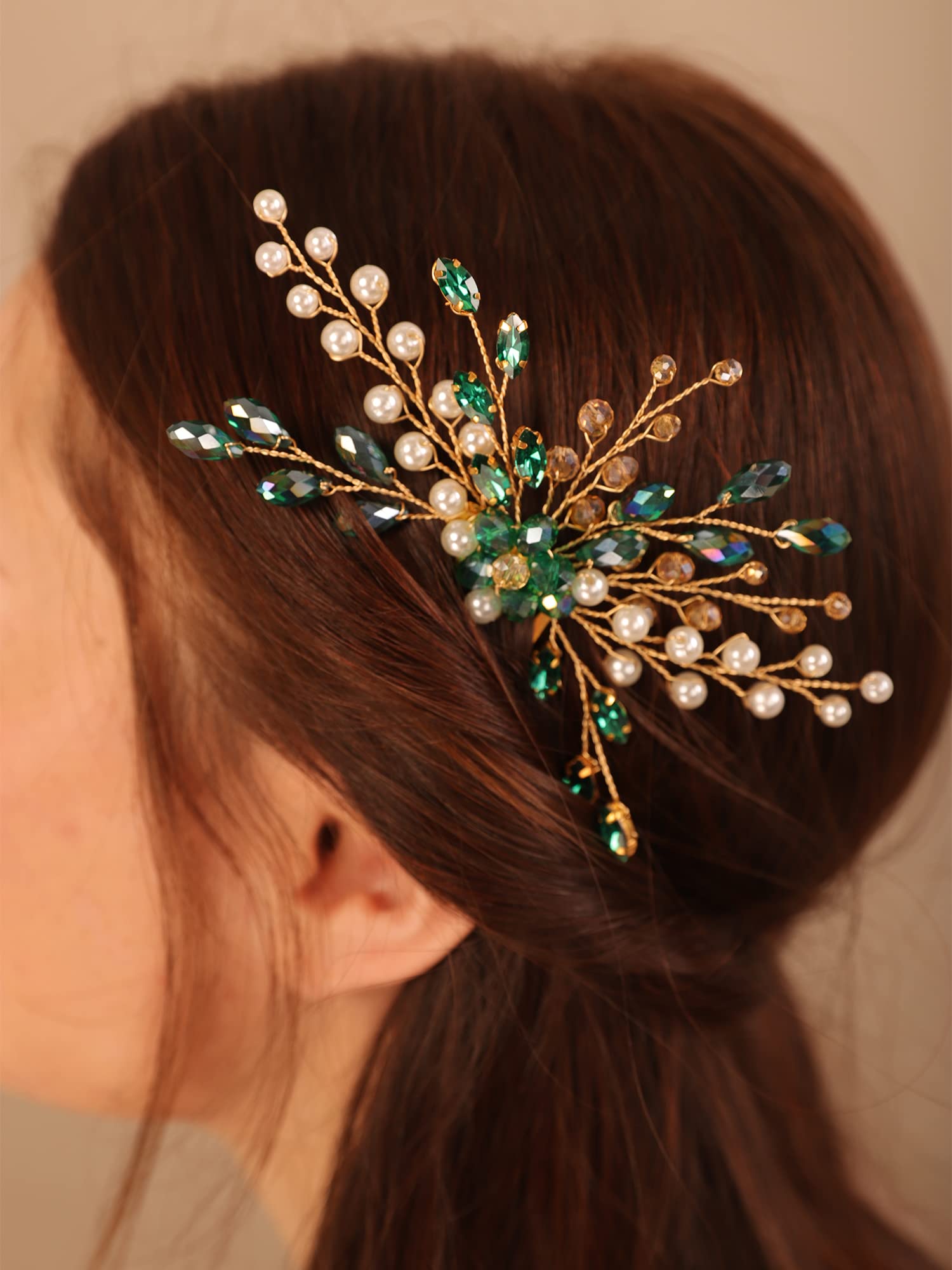 Kercisbeauty Emerald Green Crystal Gold Hair Comb for Wedding Brides Bridesmaid Women Special Occasion Handmade Hair Accessory (Green)
