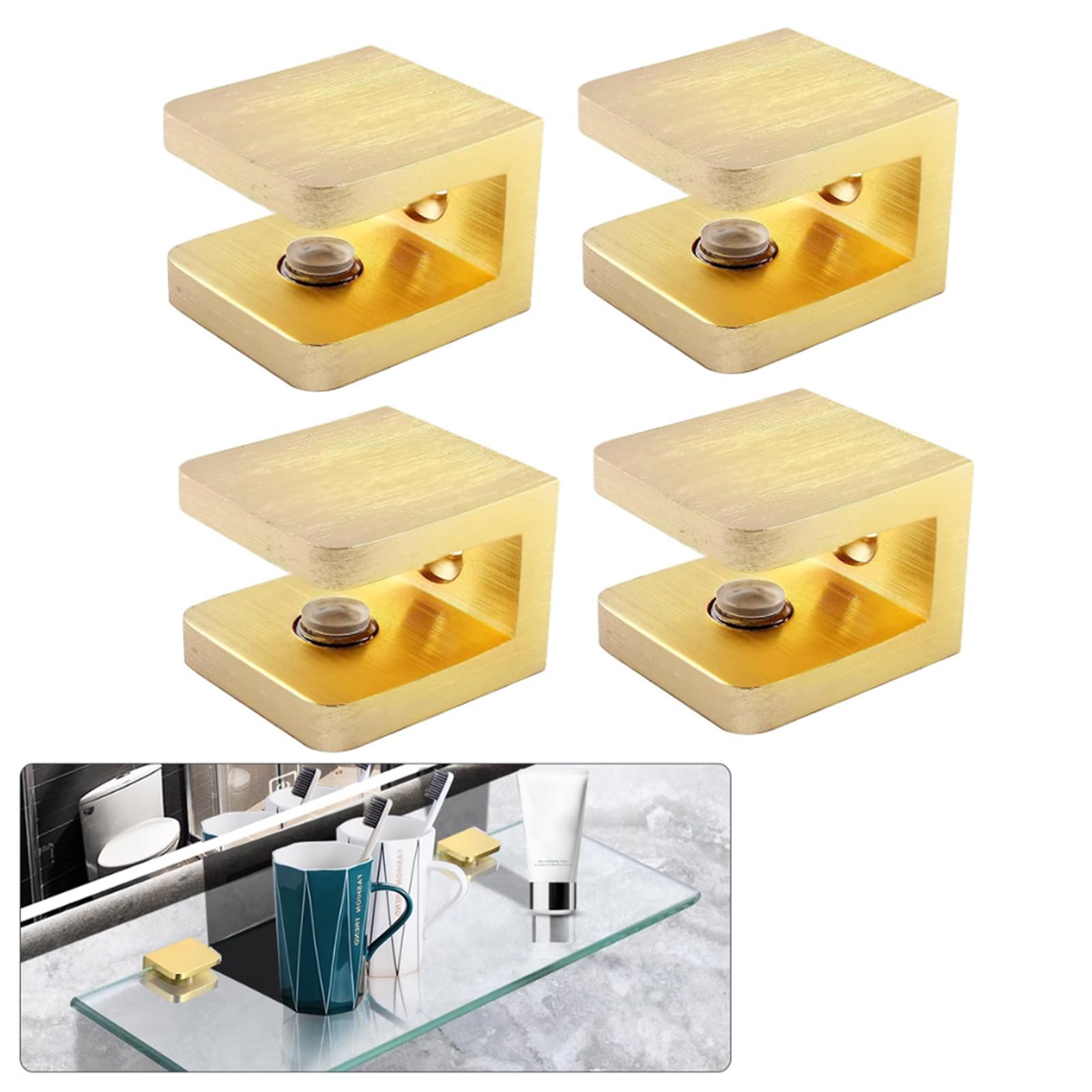 Photo 1 of AWEN 4 Pcs Adjustable Glass Shelf Brackets, Solid Brass Glass Clamp No-Drill Glass Holder Clip Support for 8mm - 10mm Thickness Glass (Brushed Brass)