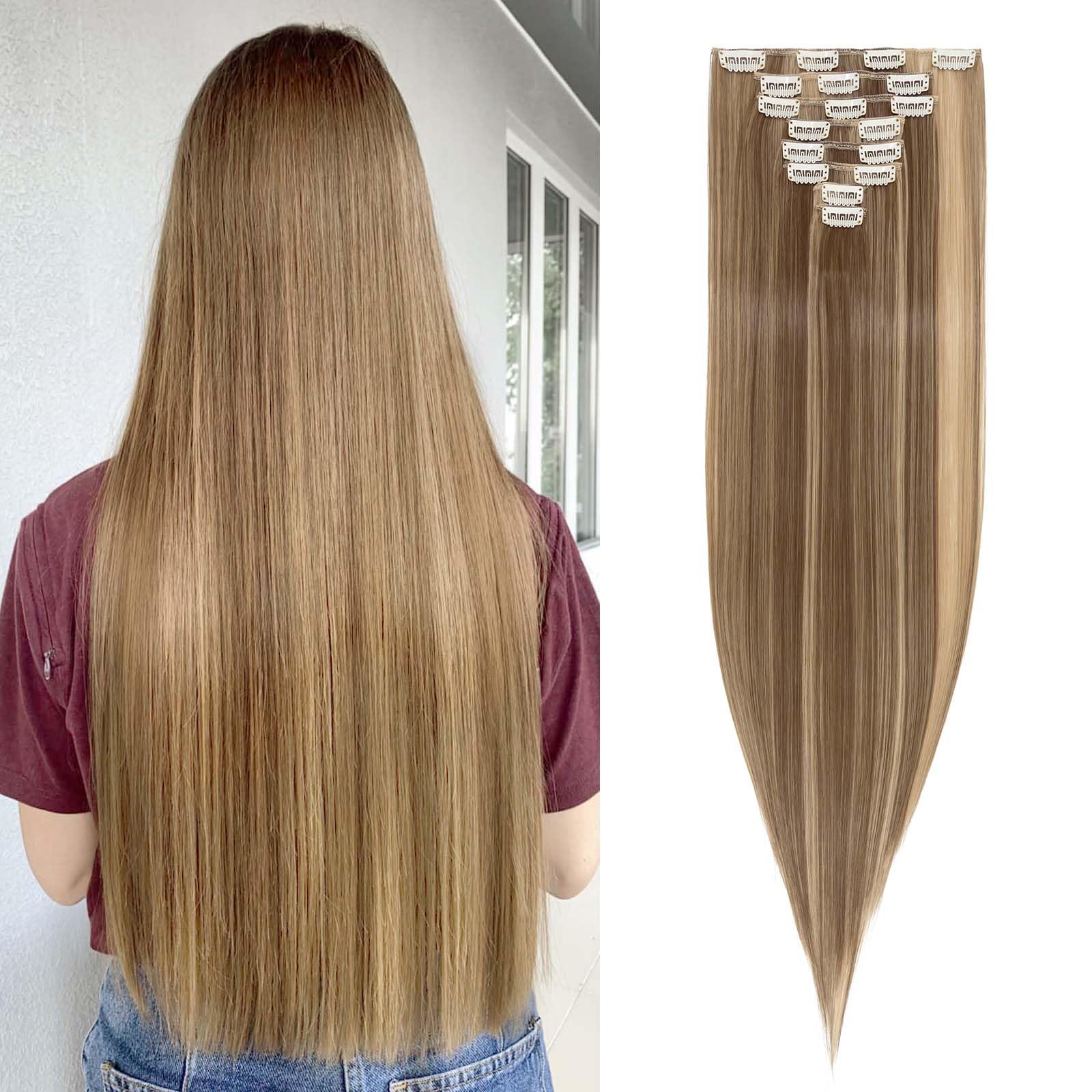 SEGOHAIR Hair Extensions Clip in 8Pcs 18 Clips Synthetic Fiber Seamless 26" Long Straight Full Head Golden Brown mix Dark Blonde — image 1