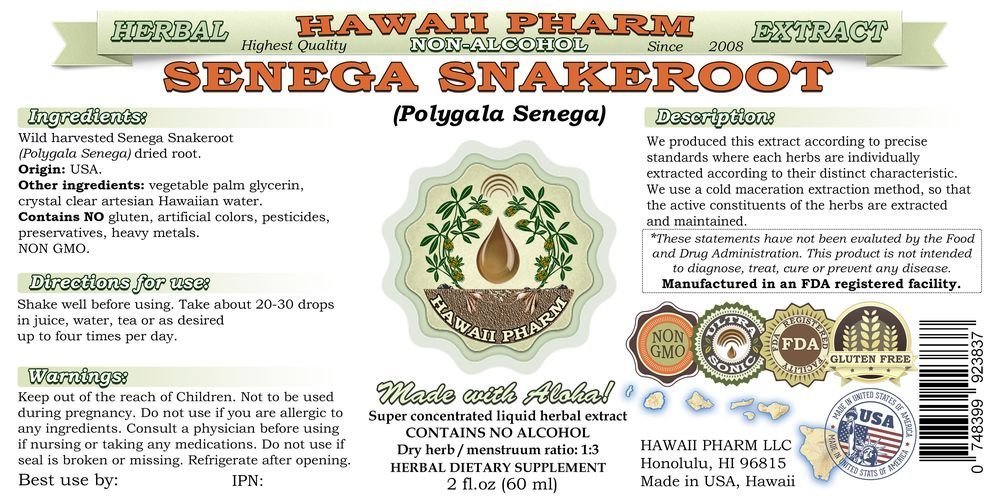 Senega Snakeroot Alcohol-Free Liquid Extract, Senega Snakeroot (Polygala Senega) Dried Root Glycerite Natural Herbal Supplement, Hawaii Pharm, USA 2 fl.oz