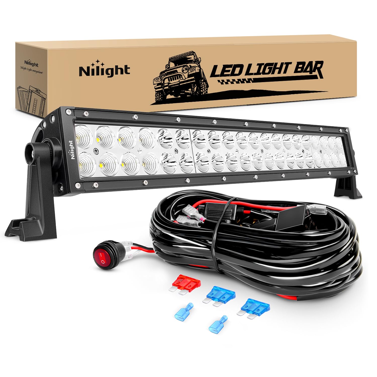 Nilight Barra de luz LED de 22 pulgadas, 120 W, combo de inundación puntual, luces todoterreno, cápsulas antiniebla de conducción con kit de arnés de cableado de 16 AWG, 1 cable para camioneta, autocaravana, camioneta, carrito de golf, ATV, UTV, SUV, cami