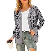 VIISHOW Women Long Sleeve Button Down V Neck Lightweight Basic Knit Sweater Cardigan, Leopard Grey, Large