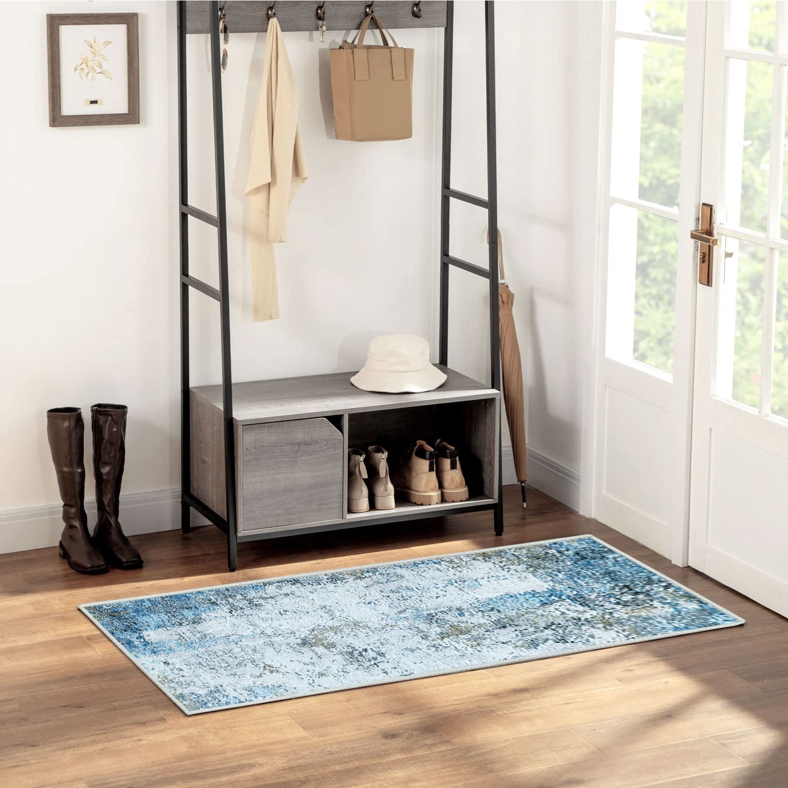 JURLEA Hallway Runner Rug 80 x 150 cm, Non Slip Washable Carpet Runner for Hallway Kitchen Living Room Cream Blue No Shedding Carpet