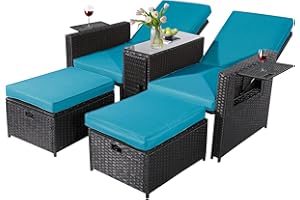 VUYUYU 5PCS Outdoor Wicker Chaise Lounge Chair - Rattan Adjustable Reclining Patio Lounge Chair with Ottoman and Coffee Table, for Patio Beach Pool Backyard (Black Wicker Turquoise Cushion)
