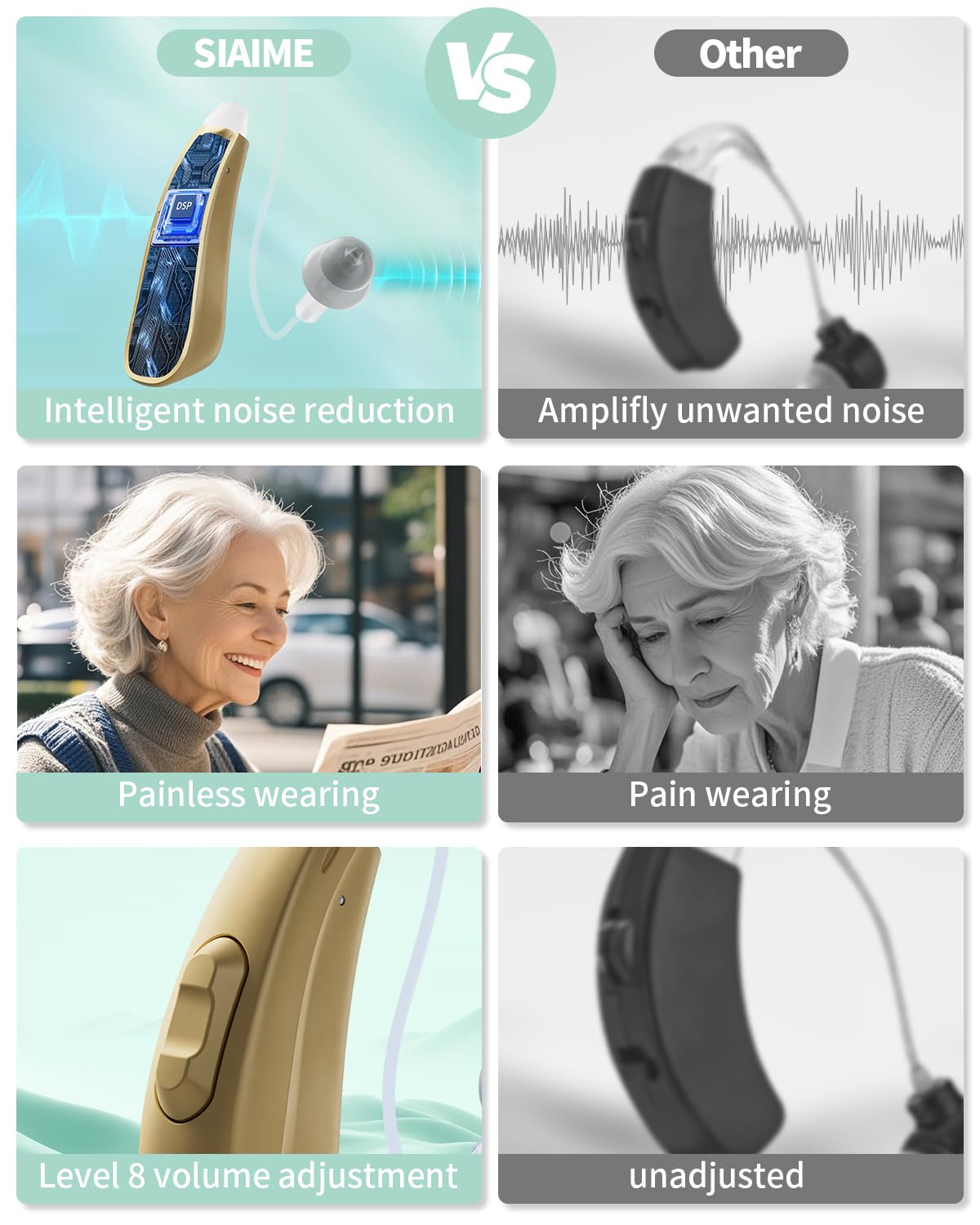 Hearing Aids for Seniors&Adults SIAIME OTC Rechargeable Digital BTE Not Hearing Amplifiers with Intelligent Noise Reduction Volume Control Comfort Design Portable (L+R)