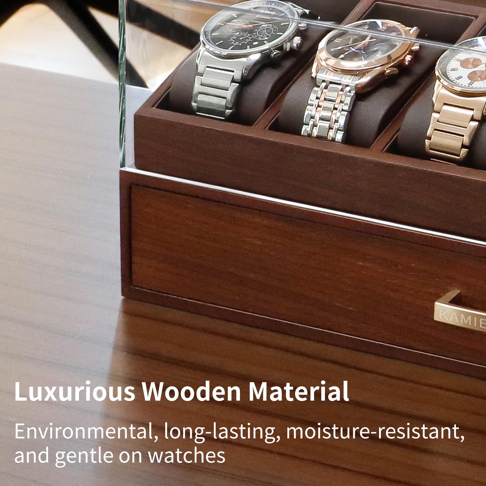 KAMIER High End Wooden Watch Box with 6 Slots & Glass Lid - 2-Layer Jewelry Organizer for Men - Watch Display Case, Ideal Business Gift for Watch Enthusiasts （with Gift Box）, Walnut