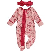 Liuckyxin Newborn Girl Valentines Outfit Heart Lip Print Romper Ruffled Zipper Footed Baby Jumpsuit + Bow Headband