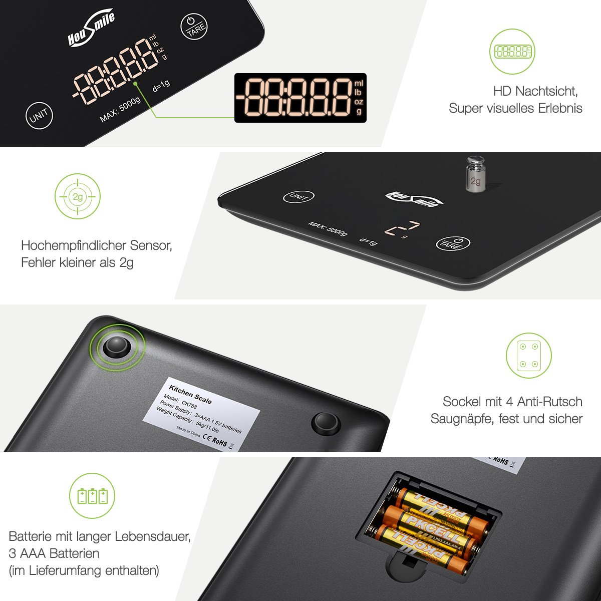 Housmile Digitale Küchenwaage, Elektronische Waage, Professionelle Waage mit hohe Präzision 5kg/1g, Sicherheitsglas mit LCD Display und Berührungsknopf, inkl. AAA-Batterien, ideal für Kochen, Backen, Briefemessen und Diätmachen, Schwarz