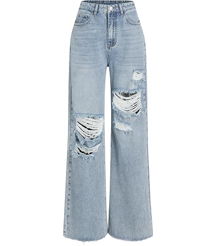 ZAKAY Womens Destroyed Flare Jeans Elastic Waist Bell Bottom Raw