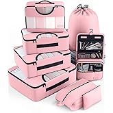 Veken 8 Set Packing Cubes for Travel Essentials, Pink Suitcase Organizer Bags in 4 Sizes, Carry-On Luggage Accessories with Large Laundry & Hanging Toiletry Bag, Must-Have for Airplane, Road Trip