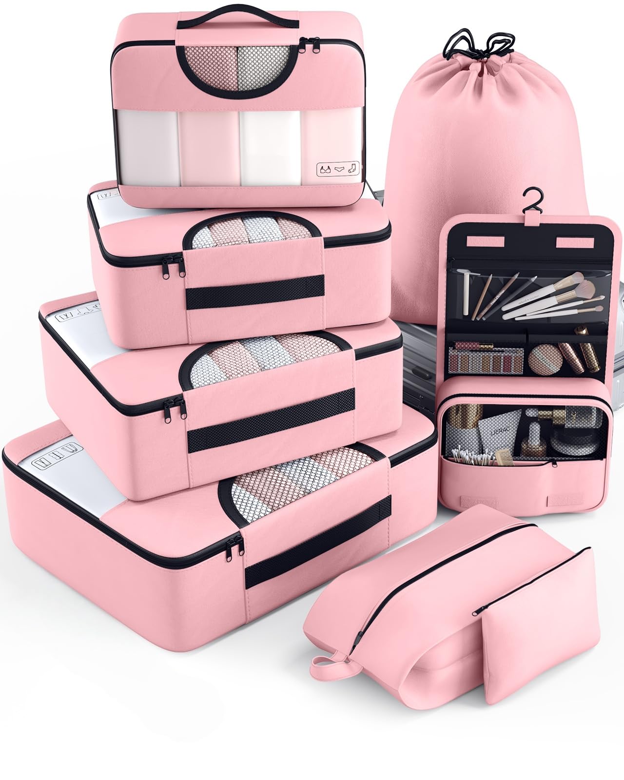 Photo 1 of Veken 8 Set Packing Cubes for Travel Essentials, Pink Suitcase Organizer Bags in 4 Sizes, Carry-On Luggage Accessories with Large Laundry & Hanging Toiletry Bag, Must-Have for Airplane, Road Trip