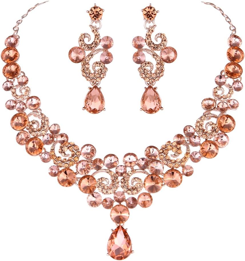 Youfir Crystal Flower Teardrop Wedding V-Necklace Dangle and Earrings Jewelry Sets for Brides