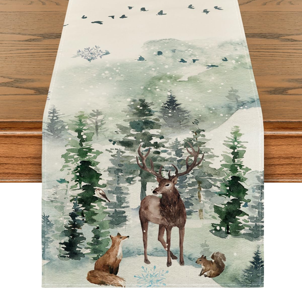 Artoid Mode Deer Fox Pine Trees Snow Christmas Table Runner, Seasonal Winter Xmas Kitchen Dining Table Decoration for Home Party Decor 40x240 cm