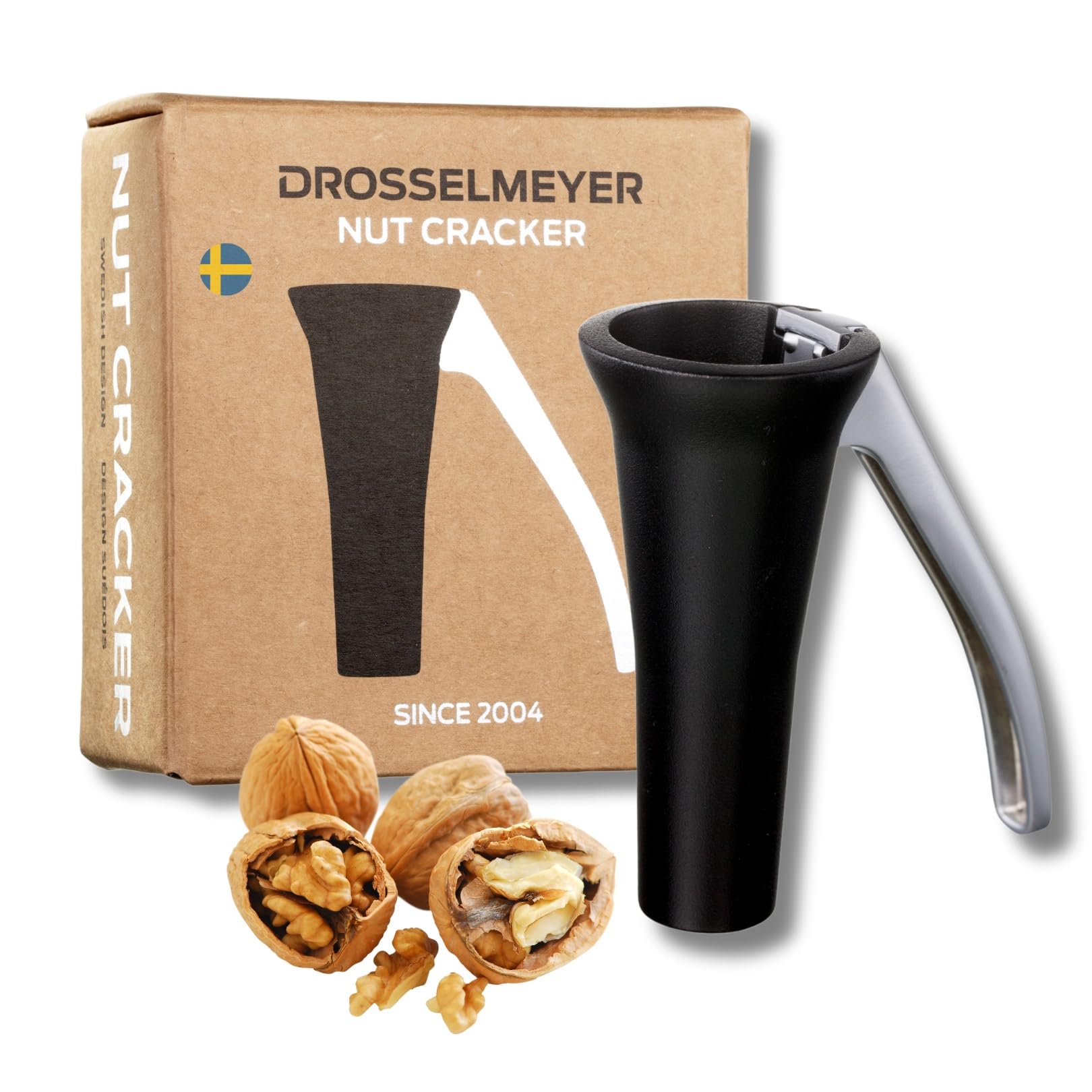 Drosselmeyer Nutcracker - Heavy Duty Swedish Nut Cracker for Walnuts, Pecans, Brazil Nuts & All Nuts - Ergonomic Metal Walnut Cracker Tool, No Mess, Dishwasher Safe - Award-Winning Design (Black)