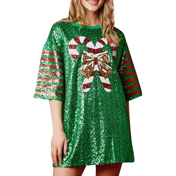 Amazon.com: Women's Sequin Holiday Christmas Oversized Top Festive Midi  Dress (One Side Sequin) (US, Alpha, Small, Regular, Regular, Green Top) :  Clothing, Shoes & Jewelry