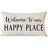 HERHOME Decorative Throw Pillow Cover 12x20 Inch Saying Welcome to Our Happy Place Cream Outdoor Farmhouse Front Porch Patio Decor Lumbar Cushion Case Decoration for Home Living Room Sofa Couch
