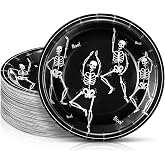 FillTouch 100 Pcs Halloween Skeleton Paper Plates 7 Inch Disposable Cake Dessert Dinner Plates for Mexican Independence Day Fiesta Halloween Day of The Dead Party Decorations Supplies(Black)