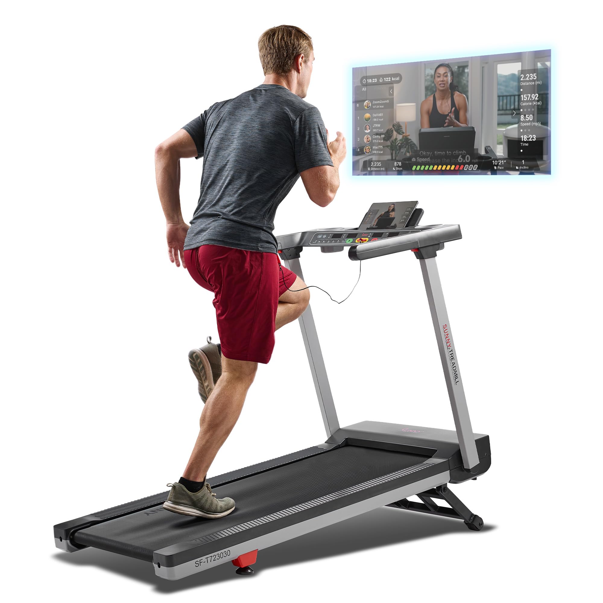 Photo 1 of Sunny Health & Fitness Foldable 15 Level Auto Incline Treadmill, 20" Wide Running Belt, Quiet Brushless, Digital Display, 300 LB Weight Capacity, SunnyFit App Bluetooth Connection- SF-T723030