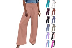 SHOPESSA Women Linen Palazzo Pants with Pockets Elastic Waist High Rise Wide Leg Pants Comfy Pj Pants Breathable Summer Pants