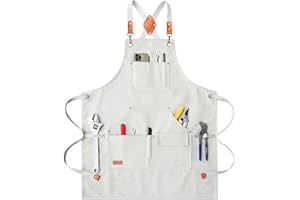 AFUN Work Aprons for Men with Large Pockets, Cotton Canvas Cross Back Heavy Duty Adjustable Tool Apron, Size M to XXL (Beige)