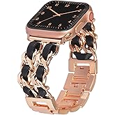 LOFOV Compatible With Apple Watch Band for Woman 38mm 40mm 41mm, Metal Strap Leather Over Gold Chain Cowboy Style Replacement iWatch Series 9 8 7 6 5 4 3 2 1 SE (Rose Gold Link with Black Leather)