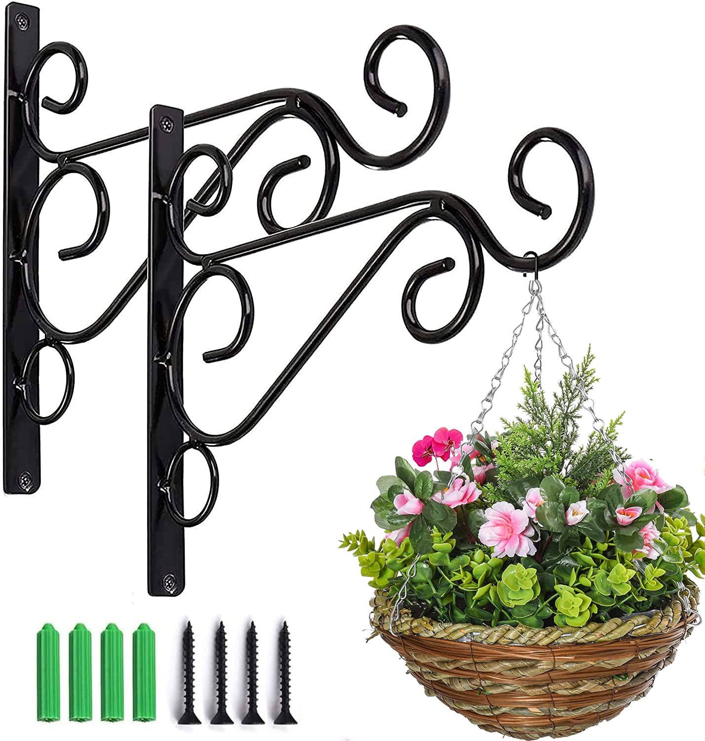 KSS 2Pcs Iron Plant Hanger Wall Hooks,Hanging Basket Brackets Wrought Iron Bracket for Lantern Planter Flower Hanger Fence (Black)