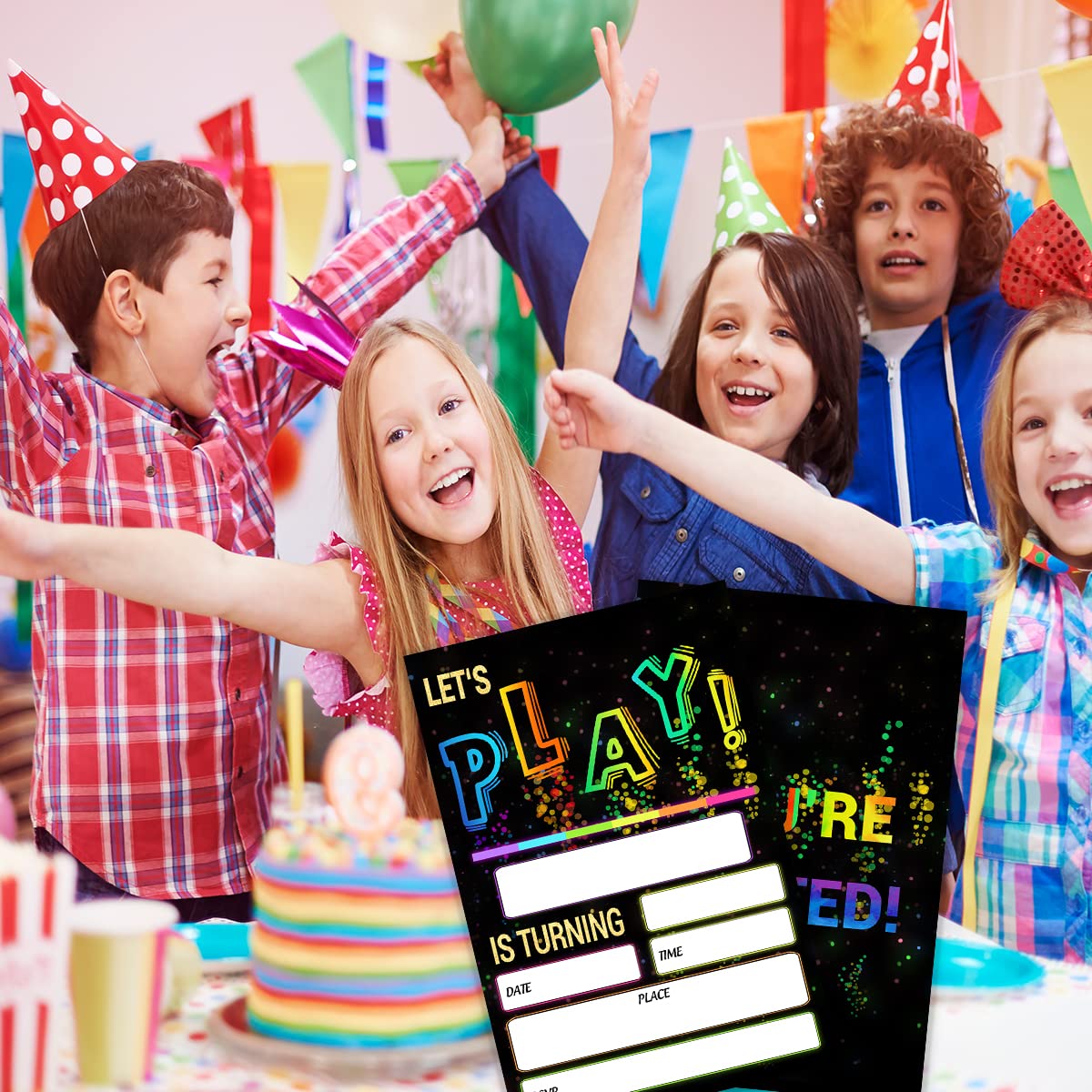 Glow Let's Play Birthday Party Invitations For Boys Girls, Neon Party Invites For Kids, Double Sided Design(20 Cards + Envelopes)
