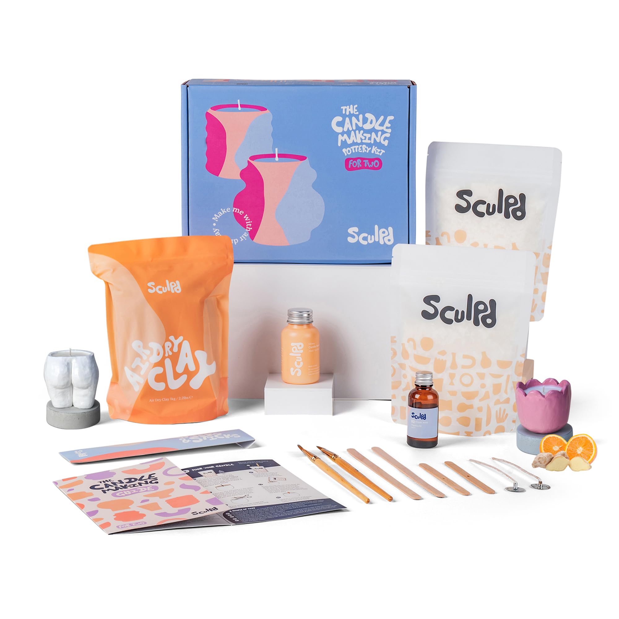 Sculpd Candle Making Pottery Kit for Adults with Air Dry Clay and Acrylic Paint Set, Non-Toxic Eco Soy Wax, Scented Fragrance Oil, Candle Glaze, Tools & Guide, 2 Candles, Orange Ginger