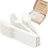 FEHHTO 100% Compostable Cutlery Set,150pcs (50 Forks,50 Spoons,50 Knives) Disposable Cornstarch Utensils Heavy Duty BPI Certified Eco-Friendly Party Supplies No Plastic, Ivory White