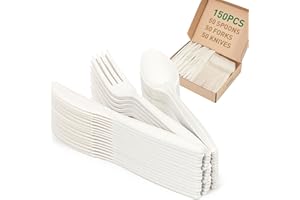 FEHHTO 100% Compostable Cutlery Set,150pcs (50 Forks,50 Spoons,50 Knives) Disposable Cornstarch Utensils Heavy Duty BPI Certi