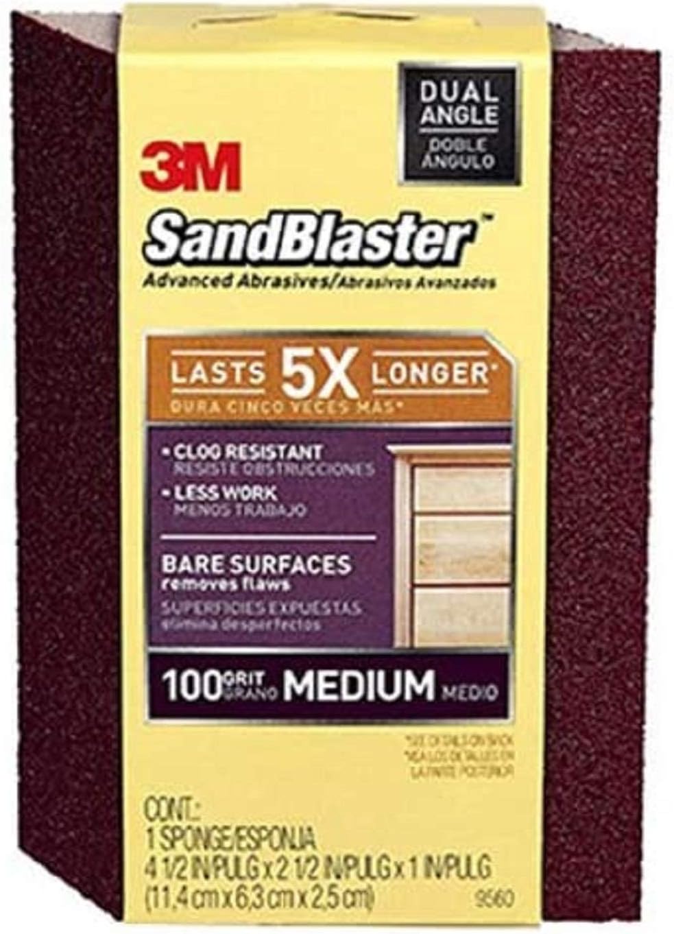 3M SandBlaster Dual Angle Bare Surfaces Sanding Sponge, 100 Grit, For Wet Or Dry Use, Professional-Grade Foam Keeps Its Shape For Lasting Use, Premium Mineral Grits For Effective Hand Sanding (9560)