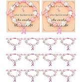 Hinly 12 Pcs Breast Cancer Bracelets for Women Breast Cancer Awareness Beaded Bracelets Pink Rhinestone Pearl Crystal Beads Jewelry Pink Ribbon Charms Gifts