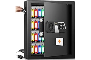 Nebakne 48-Key Fireproof Key Lock Box Wall Mount with Adjustable Hook Plates & Key Tags, Anti-Theft Key Box Key Cabinet with Side Opening, Key Organizer Key Safe for Home Office Garage Rental Business