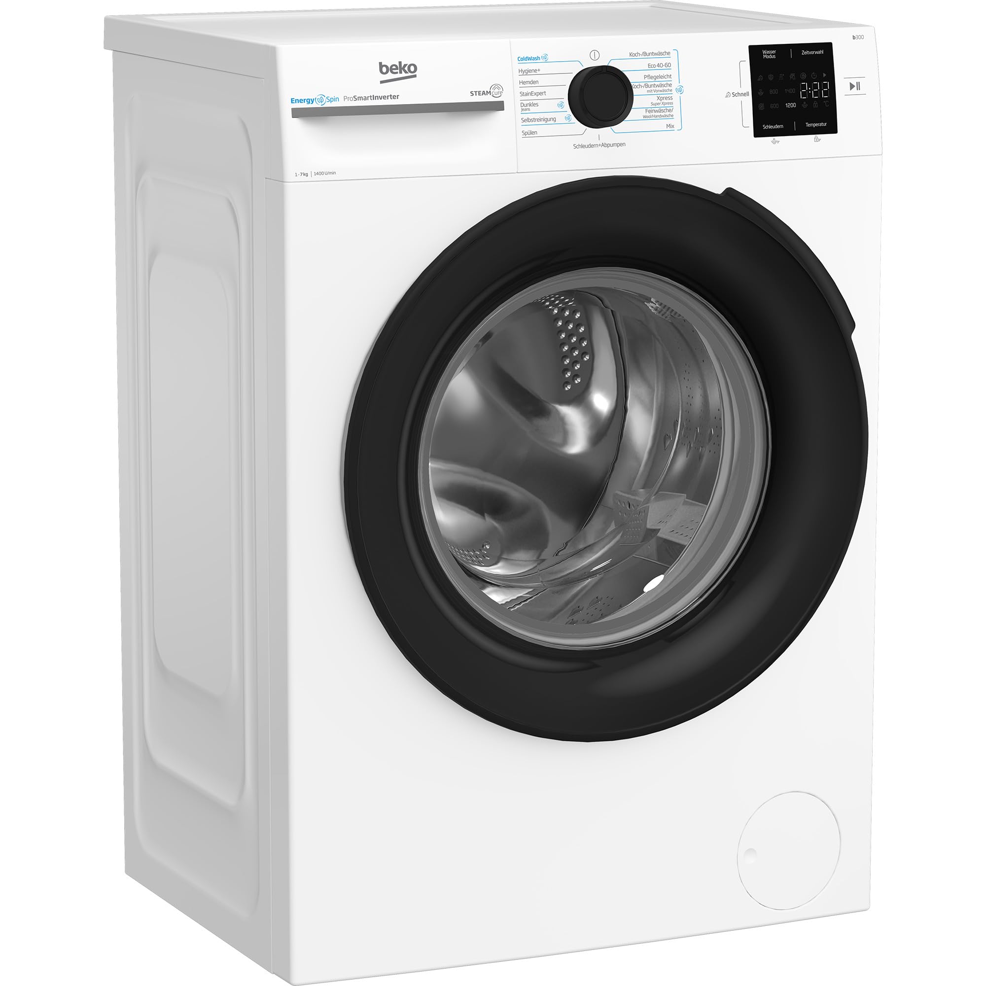Beko BM3WFU3741X freistehende Waschmaschine, Waschvollautomat, 7 kg, EnergySpin, Schleuderwahl 1400 U/min, Dampffunktion, Hygiene+ allergikergeeignet, Coldwash Wasser-& Zeitersparnis, Weiß