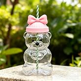 AHJK Bear Straw Cup Glass Bear Cup with Lids and Straws Cute Coffee Mugs 20oz Drinking Water Bottle Reusable Party Mug for Milk Tea, and Cocktails, Dishwasher Safe (Pink bow tie)