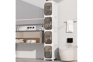 KHNR 4-Tiers Slim Bathroom Storage Cabinet, Foldable Storage Cabinets,Narrow Bathroom Storage,Movable Bathroom Storage Organizer for Small Spaces,Bathroom,Kitchen,Laundry,White