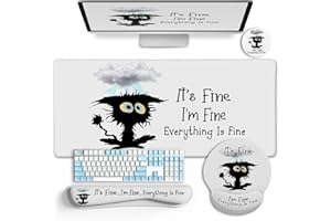 LIMKRIAN Desk Mat Set, Large Gaming Mouse Pad with Wrist Rest, Ergonomic Mouse Pad Keyboard Mat Wrist Support, Cup Coaster, Home Office Desk Accessories Decor Supplies, Funny Black Cat