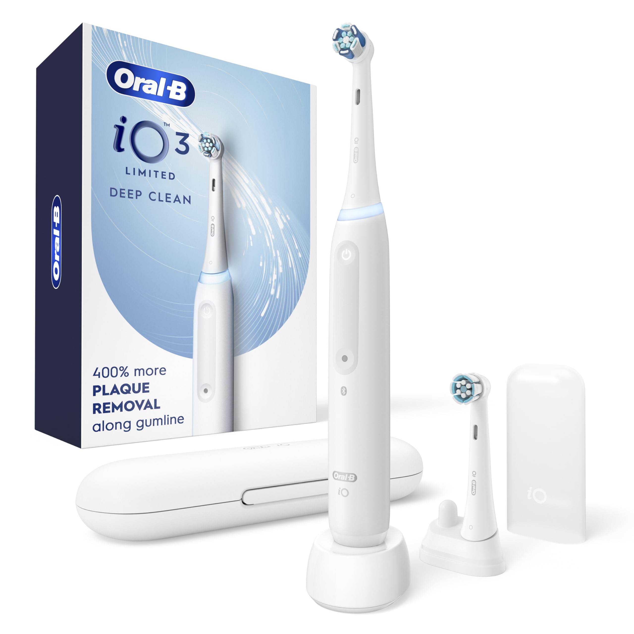 Photo 1 of Oral-B Rechargeable Electric Toothbrush, iO3 Limited Deep Clean, 3 Cleaning Modes, Visual Pressure Sensor to Protect Gums, 2 Brush Heads, Travel Case, White