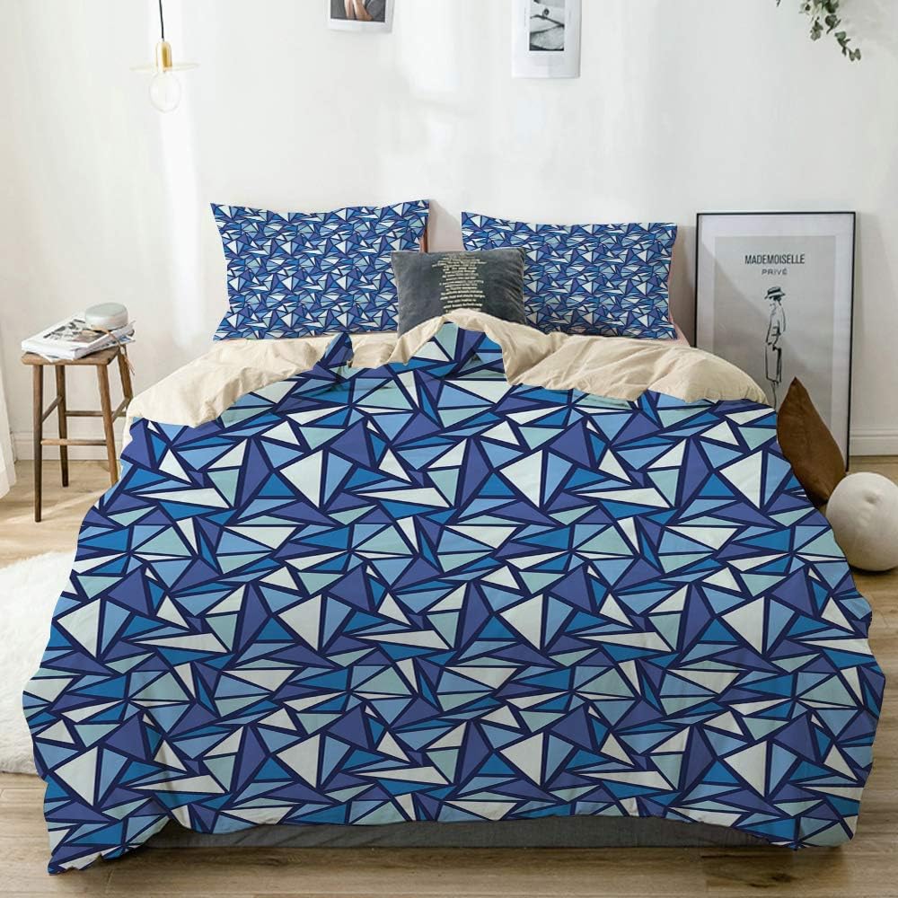 JOSENI Duvet Cover Set Blue Geometrical Abstract Ice Print Beige Decorative 3 Piece Bedding Set with 2 Pillow Shams Twin Size