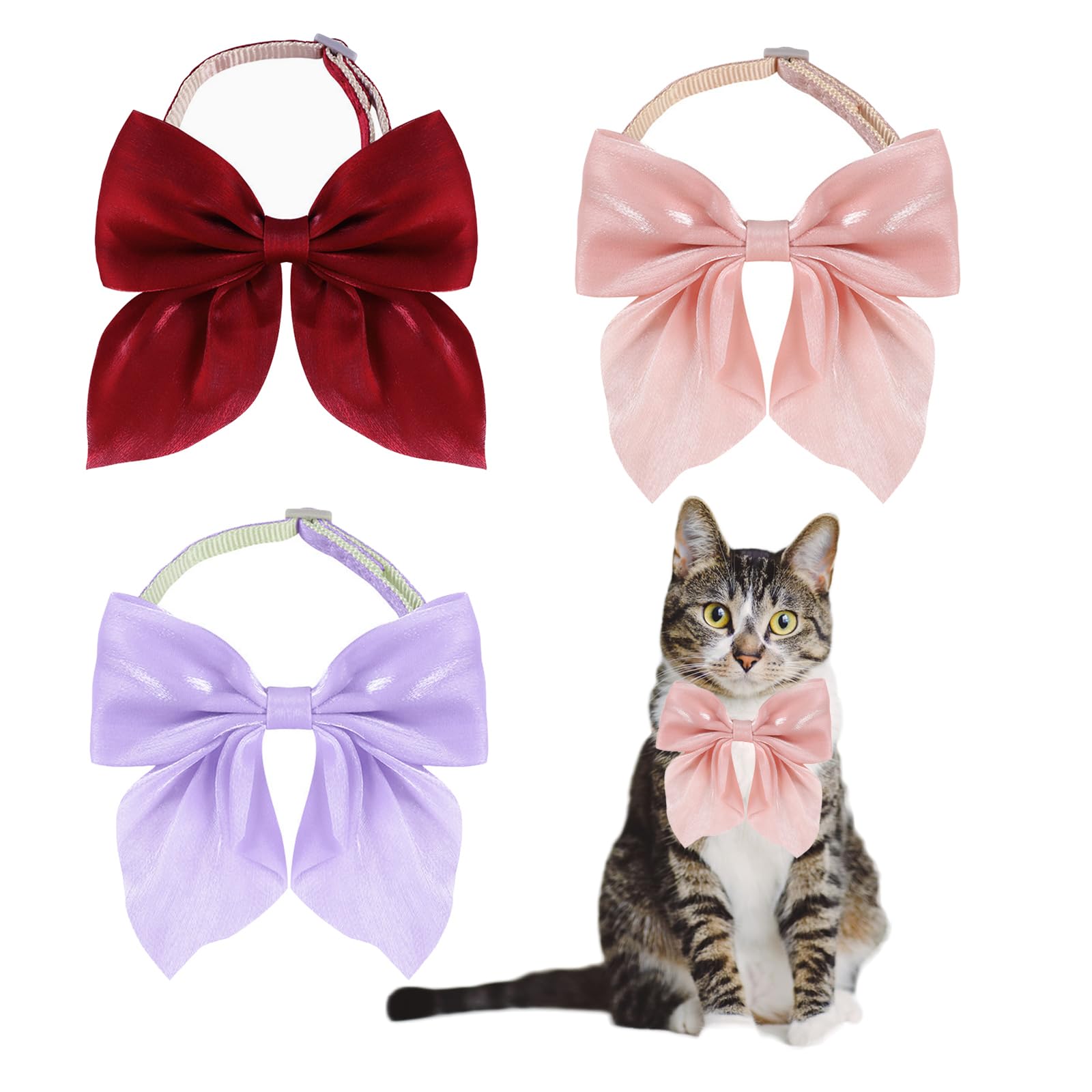 AWOCAN 3PCS Bowtie Dog Collar Dog Collar with Bow Tie Adjustable Dog Bow Tie Collar for Puppy Small Dog Cat for Daily Walking Holiday Party (red+pink+purple)