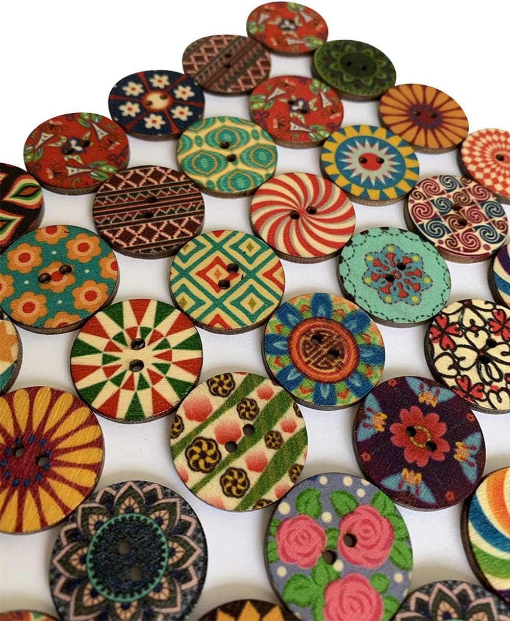 Wooden Buttons for Crafts Wood Buttons 1 Inch Assorted Vintage Round Wooden Flower (25mm), Assorted-25mm-50Pcs - Image 4