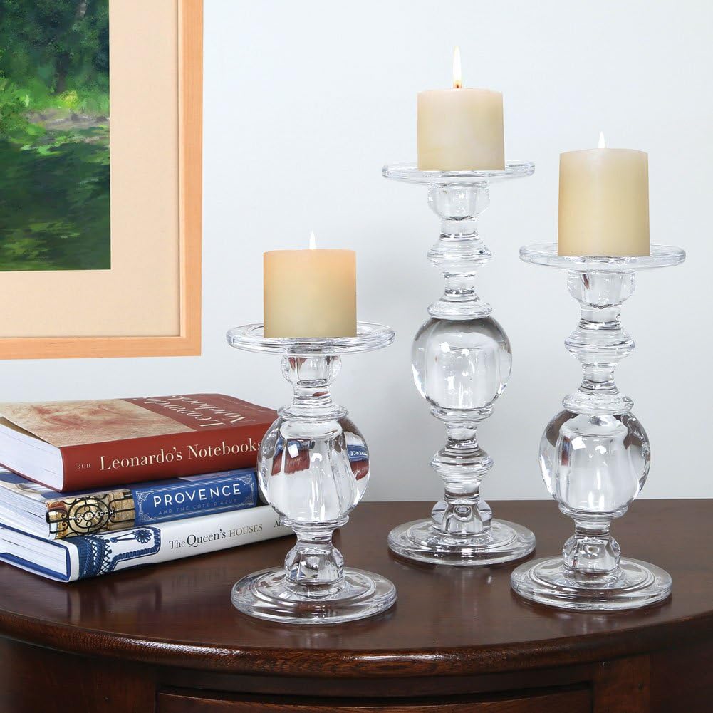 Signals Glass Pillar Candle Holders - Set of 3 Clear Solid Glass Baluster Candleholders for 3" Pillar Candles - Stands 7"H to 11"H: Home & Kitchen