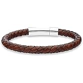 Miabella Genuine Italian Braided Leather Bracelet for Men, Stainless Steel Clasp, Made in Italy