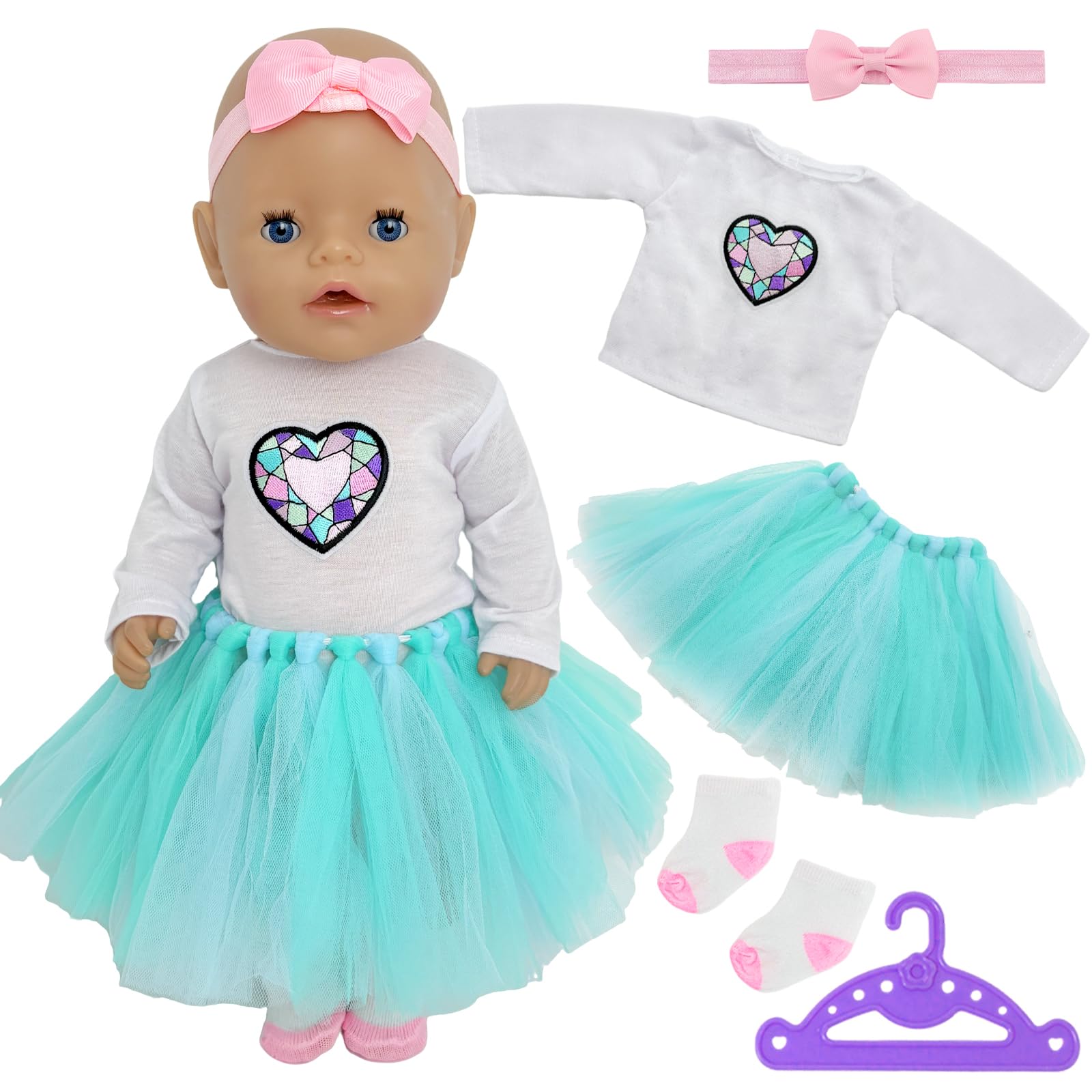 5Pcs Baby Doll Clothes for 14-18 Inch Doll, Sweet Doll Clothes Tutu Dress 35-45 cm with Heart Long Sleeves Sock Hanger Bow Headdress Blue Tulle Skirt Baby Doll Accessories Girls Gifts