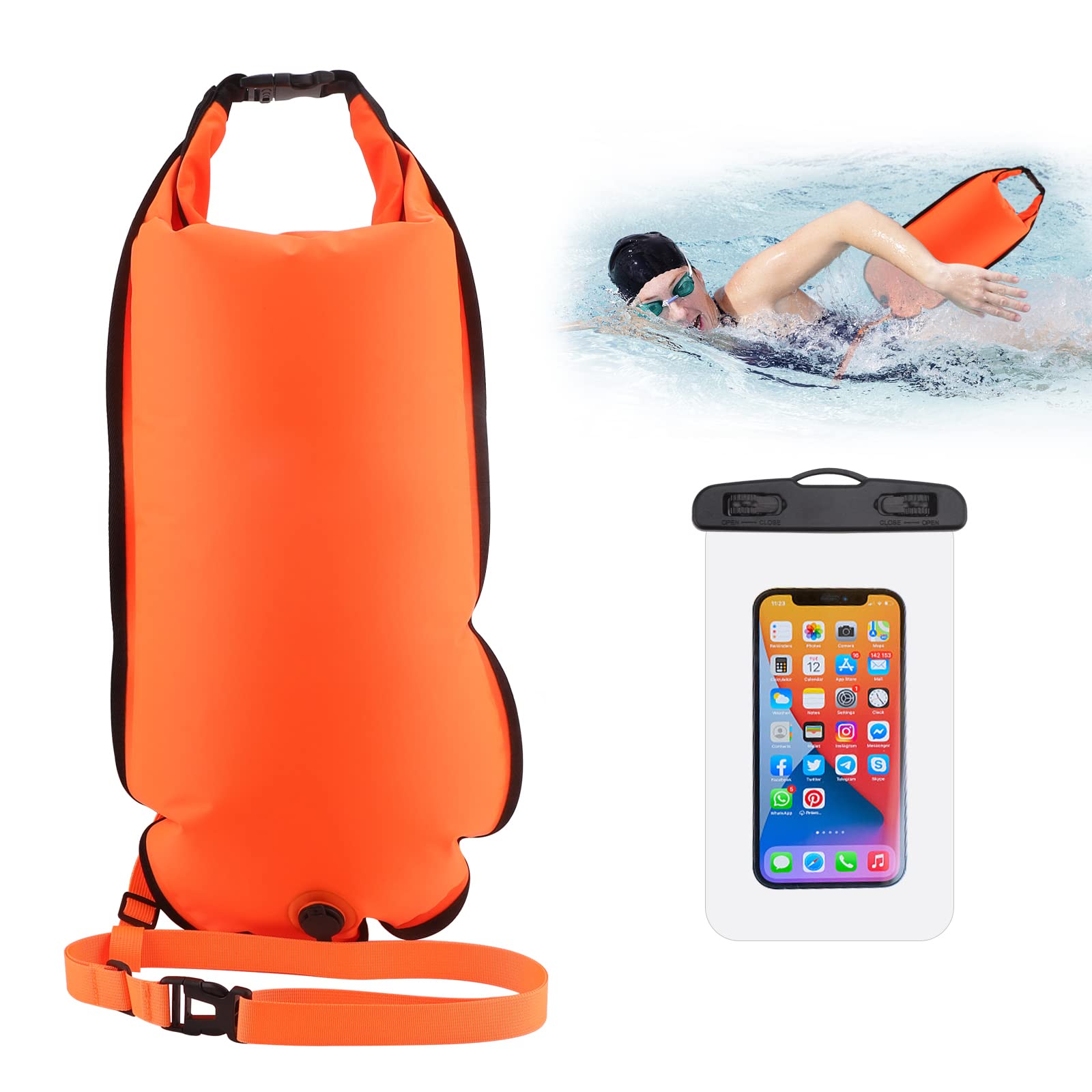 Swim Buoy Tow Float Dry Bag,20L Wild Double Air Chambers Swim Float,Swimming Bag with Waterproof Phone Case,Swim Accessories for Open Water Sports Kayakers Swimmers Triathletes,Bubble Highly Visible