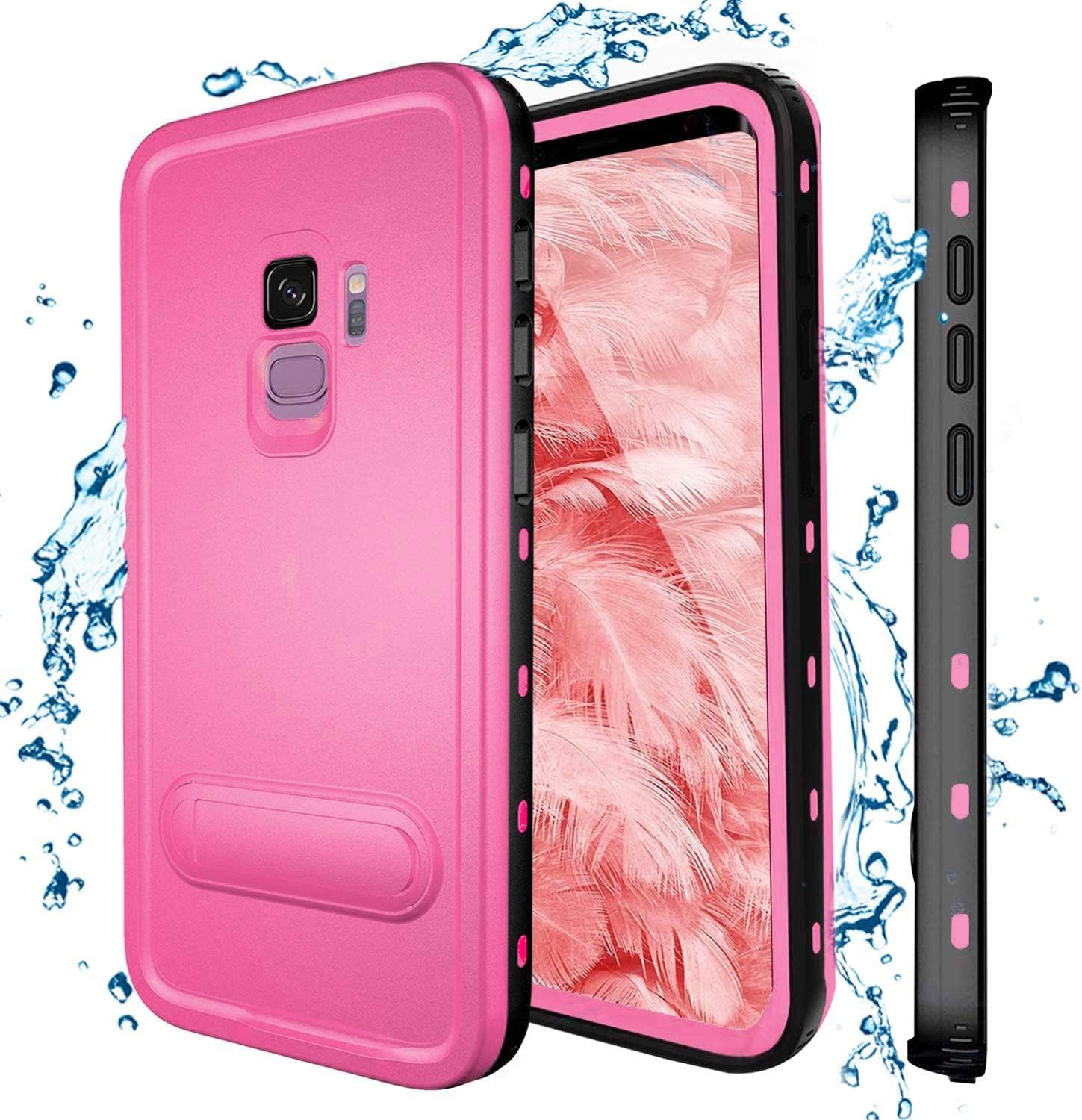 Samsung Galaxy S9 Waterproof Case, Shockproof Dustproof Snowproof Hard Shell Full-Body Underwater Protective Box Rugged Cover with Kickstand and Built in Screen Protector for Galaxy S9 (Pink)