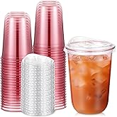 LemonRoad 50 Sets Plastic Cups with Strawless Sip Lids, Thickened Round Bottom PET Disposable Clear Cups for Iced Coffee Smoothie Cold Beverage Coffee Shops and Party Catering(Pink,16 oz)
