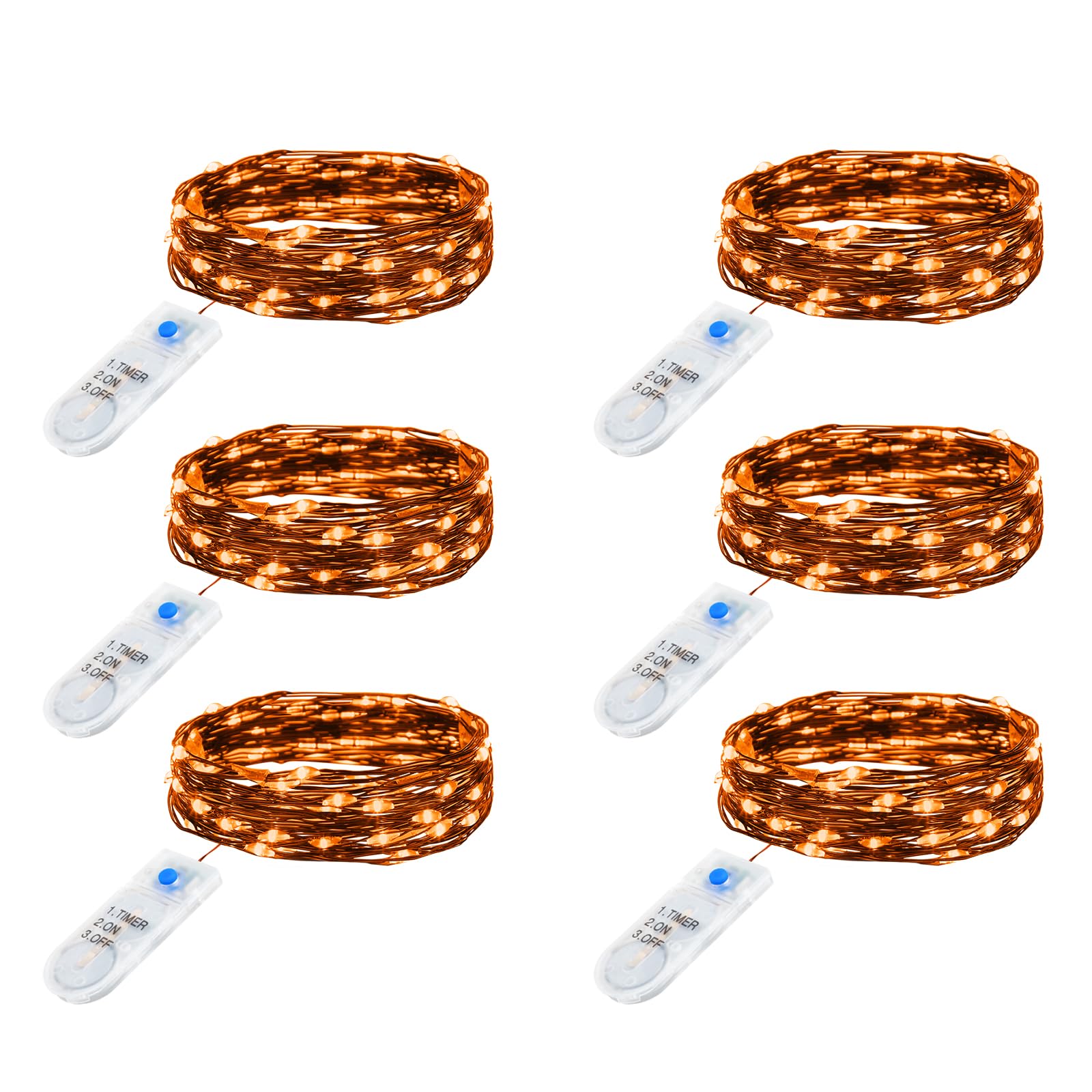 Minetom 6 Pack Orange Fairy Lights Battery Operated with Timer - 7ft 20 LED Waterproof Short Micro Firefly Lights for Halloween Decor, Pumpkin DIY Craft, Paper Lantern Decoration