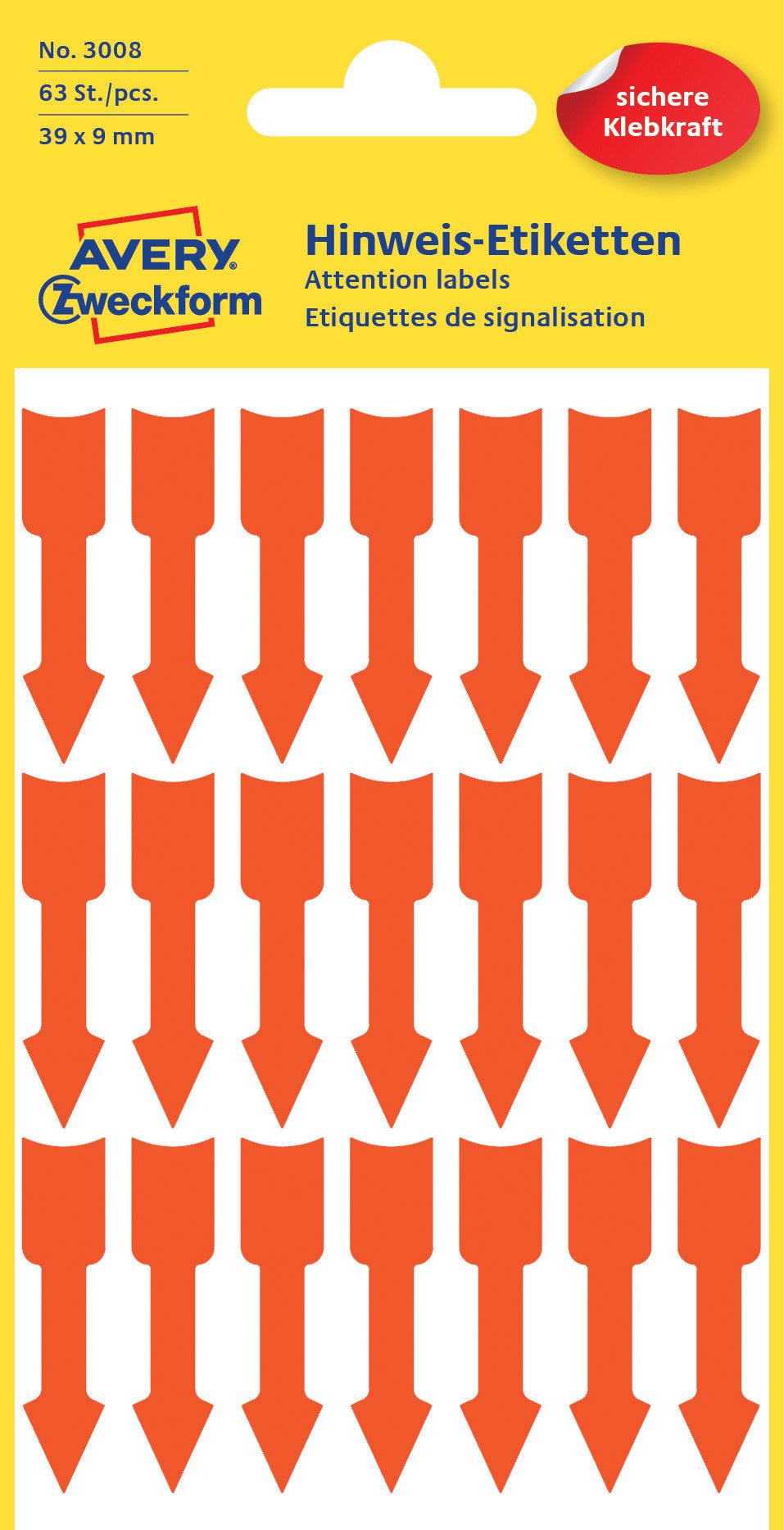 AVERY Zweckform 3008 Self-Adhesive Arrow Labels (Arrow Stickers in Format 39 x 9 mm, Permanent Adhesive, 63 Arrow Stickers on 3 Sheets, Note Arrows for Eye-catching Labelling) Neon Orange
