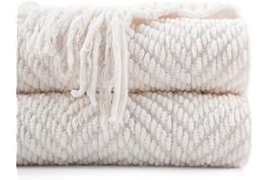 BATTILO HOME Cream Throw Blankets for Couch, Textured Knitted White Throw Blanket with Tassels, Ivory Blanket for Bed Sofa Co